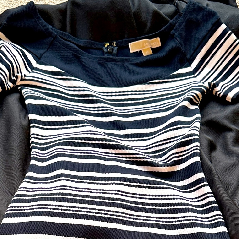 Michael KOHRS navy & white striped stretch knit dress